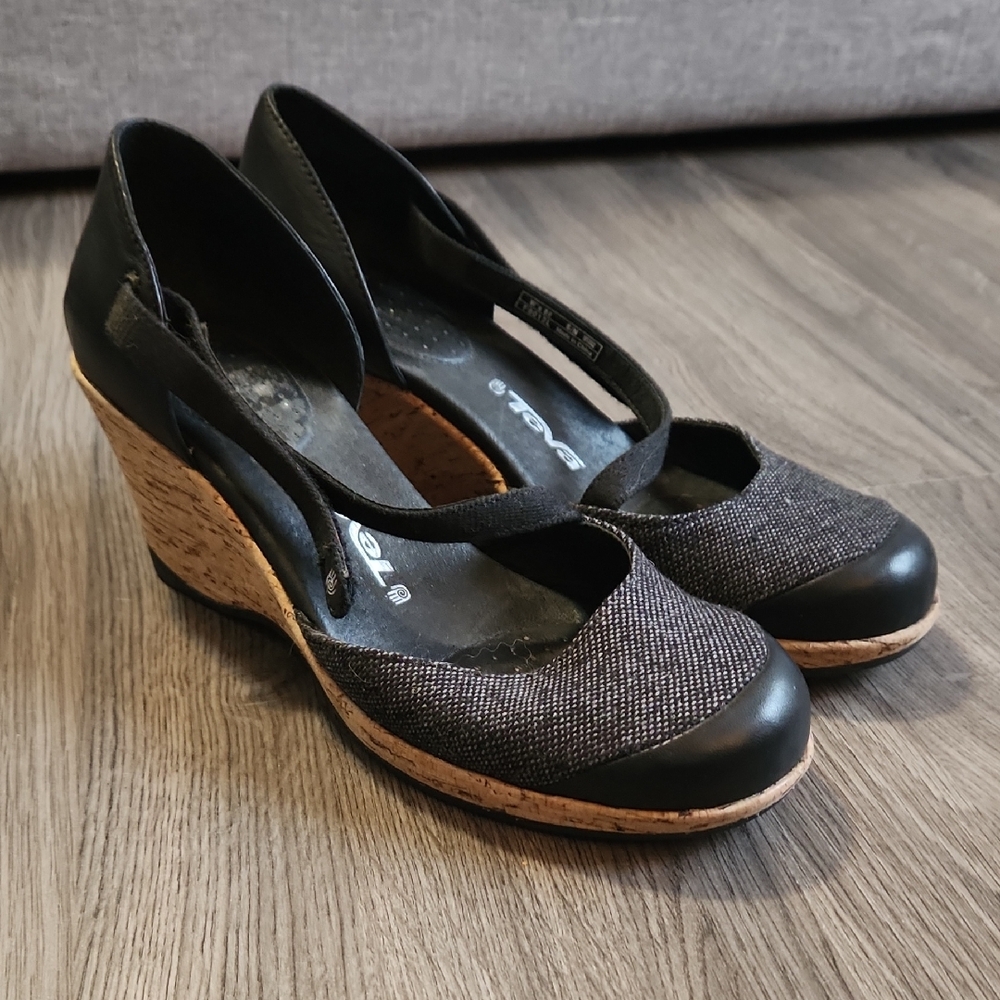 Teva Riviera black Mary Jane cork wedges, size 8